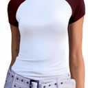 Abardsion Trendy Baby Tees for Women Y2K Shirts Cute Short Sleeve Crewneck Slim Fit Going Out Tops (X-Large, White & Burgundy-sleeve)