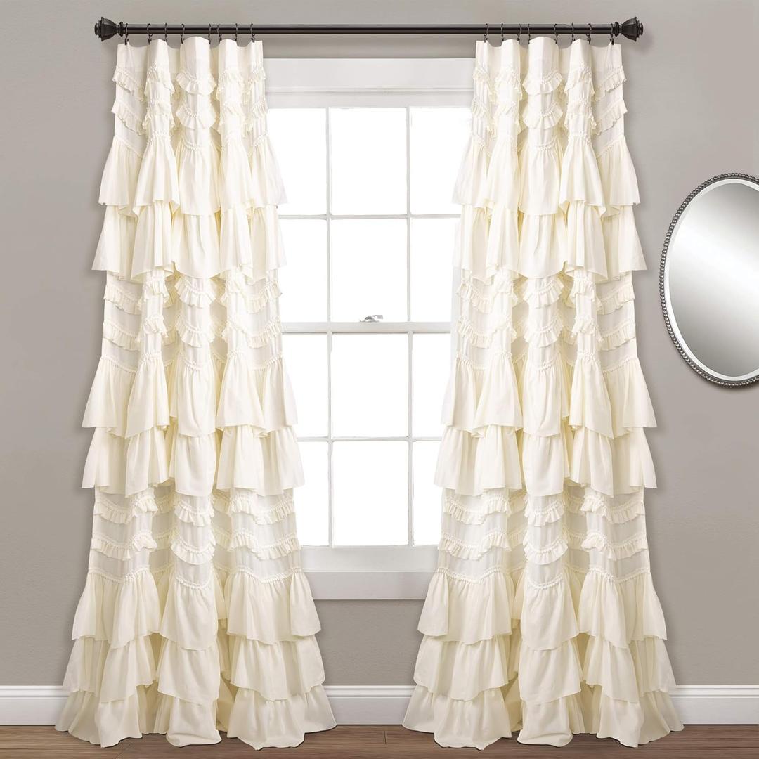 Lush Decor Kemmy Light Filtering Window Curtain Panel Single 52" W x 84" L Ivory - Drapes - Ruffled Curtains for Bedroom - Cream Curtains - Coquette Decor