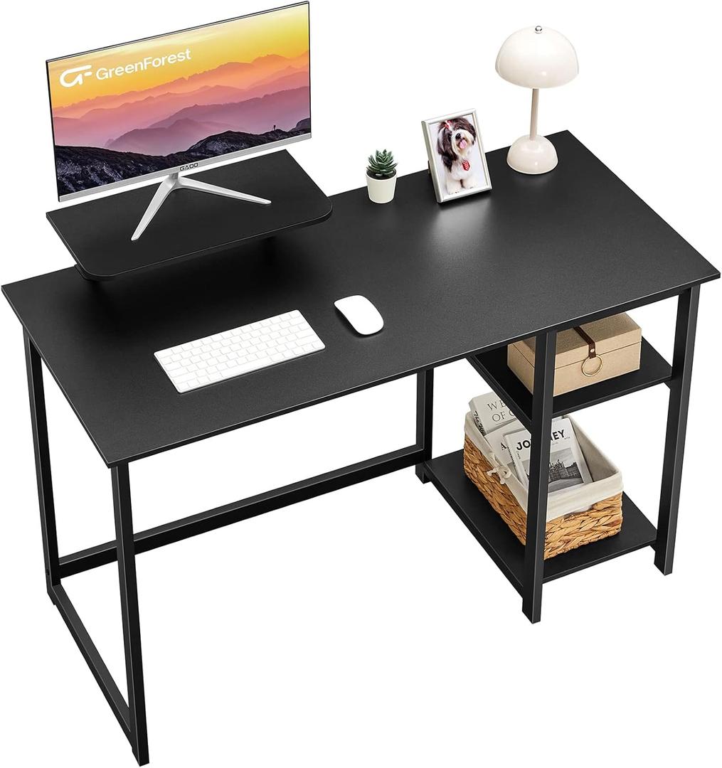 GreenForest Computer Desk 39 Inch with Monitor Stand, Office Desk with Adjustable Storage Shelves, Small Gaming Desk for Home Work Writing Study, Black