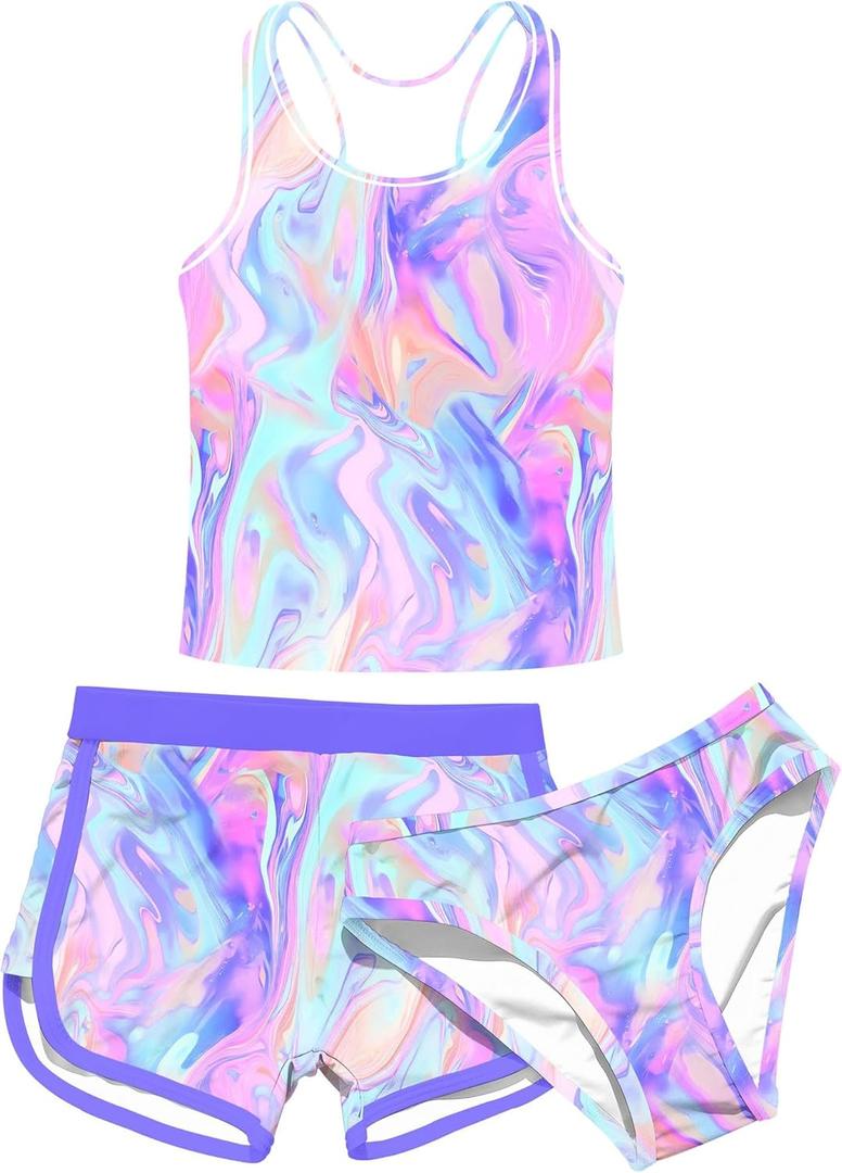uideazone Girls 3 Piece Bathing Suit Summer UPF 50+ Racerback Swimsuit with Shorts Beach Tankini Sets 8-16 Years (A2-marbling)
