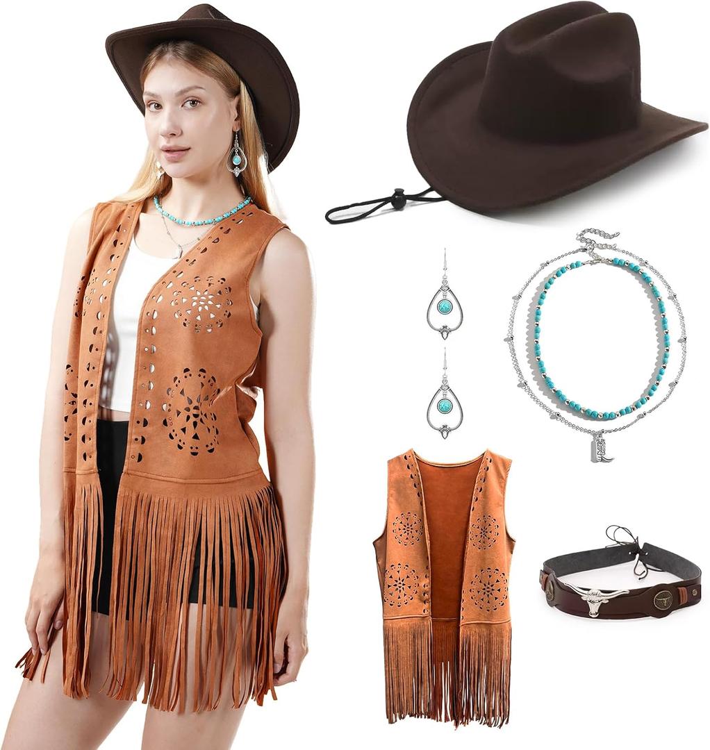 Western Outfits for Women7pcs Fringe Vest Cowboy Hat Cowgirl Costume Tassels Halloween 70s Costume Set. (Small, Brown Geometric)