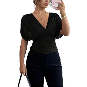 BEAUDRM Women's Wrap Tops Sheer Mesh Dolman Sleeve Tees Cinched Waist Ruched Tie Back Casual Shirts Black Medium