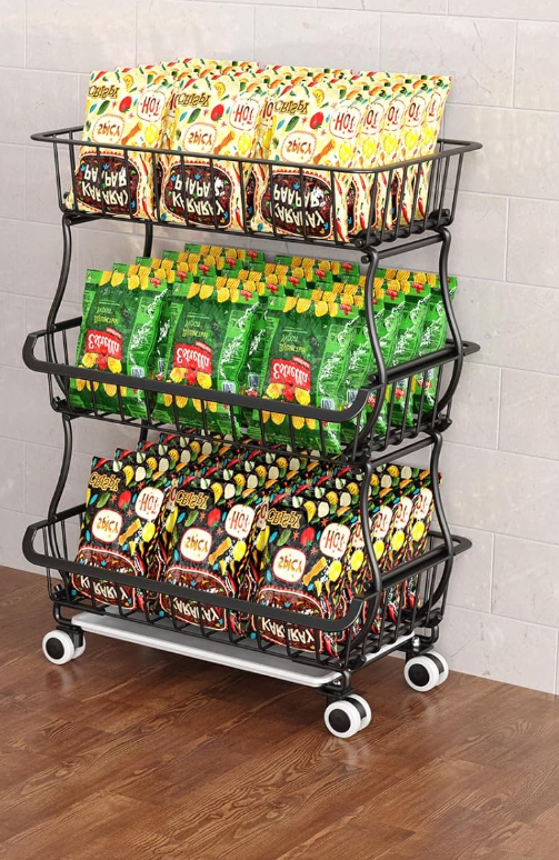 3-Tier Rolling Pantry Floor Organizers and Storage Cart with Wheels, Stackable Wire Pantry Baskets for Pantry Shelves, Kitchen Fruit Basket Stand and Storage Rack for Fruit Snack Onion Potato