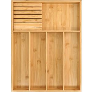 VaeFae Bamboo Silverware Organizer, Utensil Holder for Drawer, Wooden Cutlery Tray with Divider for Kitchen Drawer, Utensil Organizer with Knife Block (Natural)