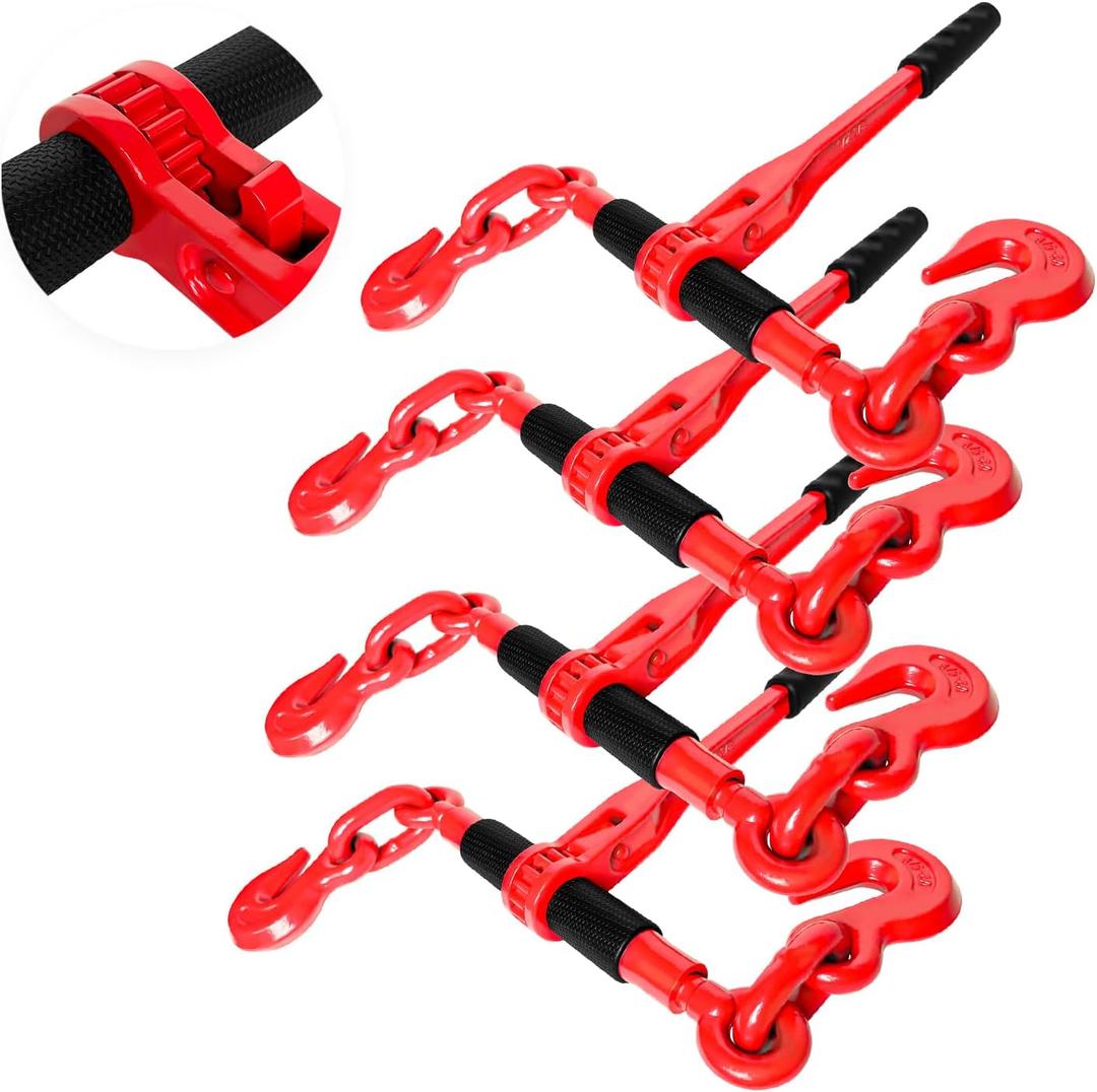 Ratchet Chain Binders 1/2'' - 5/8 | 4 Pack Load Binder with 2 Grab Hooks | Tie Downs for Grade 70 Transport Chain | 13,000 Lbs. Safe Working Load- Heavy Duty Ratchet Binders for Towing (Red  Manual)