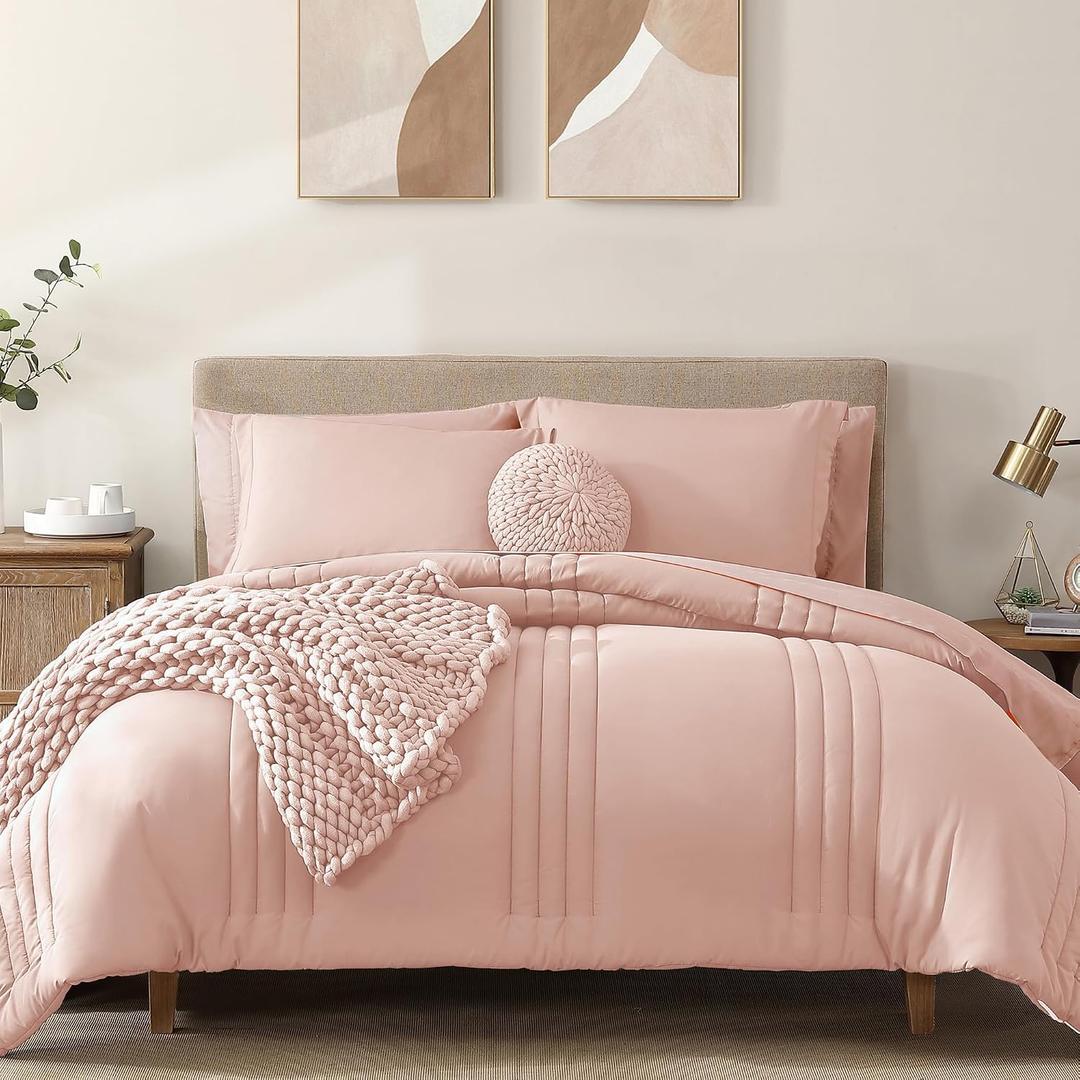 Monbix Twin XL Size Comforter Set - Extra Long 5 Pieces Dorm Bedding Sets, Quilting Design Fluffy Bed in a Bag Twin XL with Sheets, Pillowcase & Sham(Light Pink)
