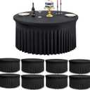 leegleri 8 Pack Spandex Black Round Tablecloths for 72in Table, Stretchy 132inch Fitted 6FT Round Table Cloths, Wrinkle Free Table Cover with Skirt for Wedding Birthday Party Bridal Shower Banquet