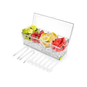 Jucoan Large Ice Chilled Condiment Server with Lid, 4 Compartments Chilled Condiment Caddy, Bar Garnish Serving Platter Holder Tray for Mimosa Taco Salad Bar, 2 Tongs, 6 Forks