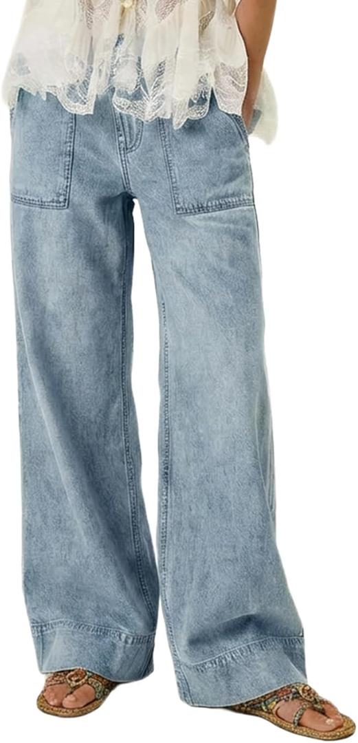 Women's Wide Leg Jeans Baggy Low Mid Rise Pull On Denim Pants Y2k | Trendy Boho Pants, Full Length, Elastic Waist, Soft, Loose Baggy, 100% Cotton, Oversized Pockets, Fashion Clothing (Blue, XS)