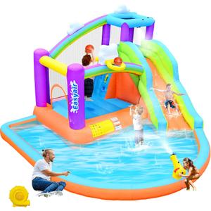 Inflatable Bounce House Water Slide for Kids, Rainbow Cloud Splash Pool, Indoor Or Outdoor Bouncy Castle, Climbing Wall, 2 Basketball Hoops, Included Blower (Orange, 154" L x 144" W x 94" H)