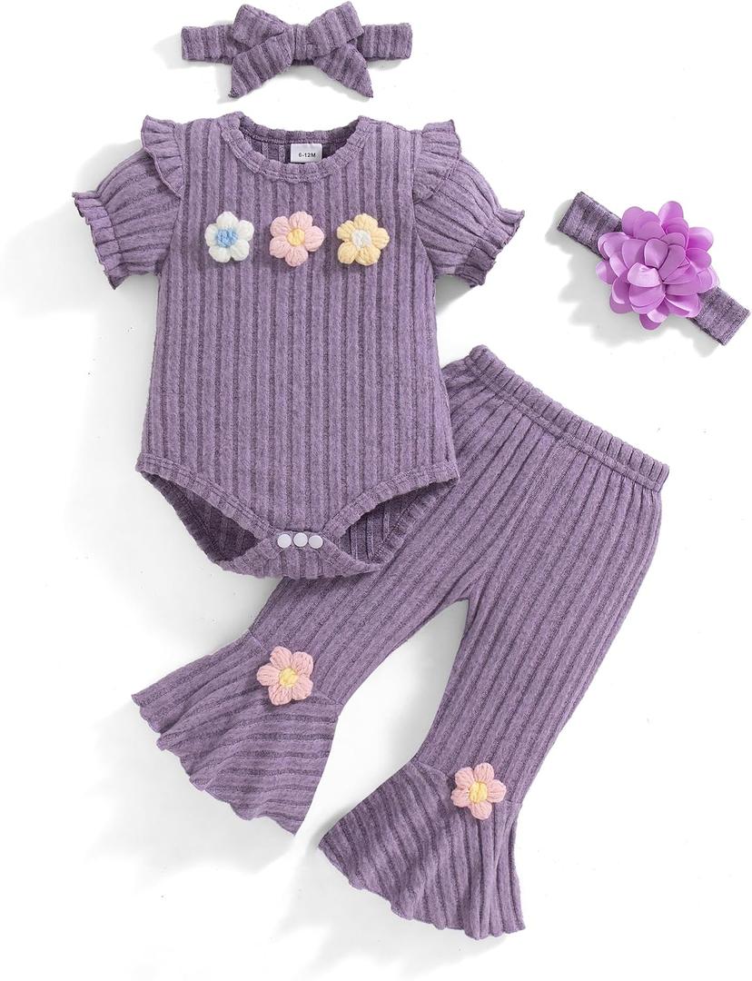 Vibebox Baby Girl Clothes Newborn Preemie Summer Outfits Short Sleeve Ruffle Romper Tops Bell Bottoms Pant Sets with Headband, 3-6 Months