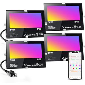 ChangM LED Flood Light Outdoor 500W Equivalent,Bluetooth RGB Flood Lights with APP Control, DIY Scenes,IP66 Waterprooof,Timing,Warm White 2700K Color Uplight (50W-4Pack)