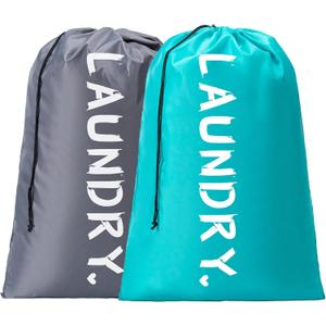 2 Pack XL Travel Laundry Bag, Machine Washable Dirty Clothes Organizer with Drawstring,Large Enough to Hold 4 Loads of Laundry, Easy Fit a Laundry Hamper or Basket Travel Essentials 24" x 36" (Blue+Grey)