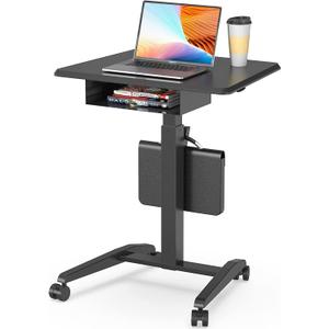 JOY worker Height Adjustable Rolling Laptop Desk with Shelf, Mobile Standing Desk, Pneumatic Mobile Laptop Table with Wheels for Couch Home Office School, Holds Up to 22lbs,Black