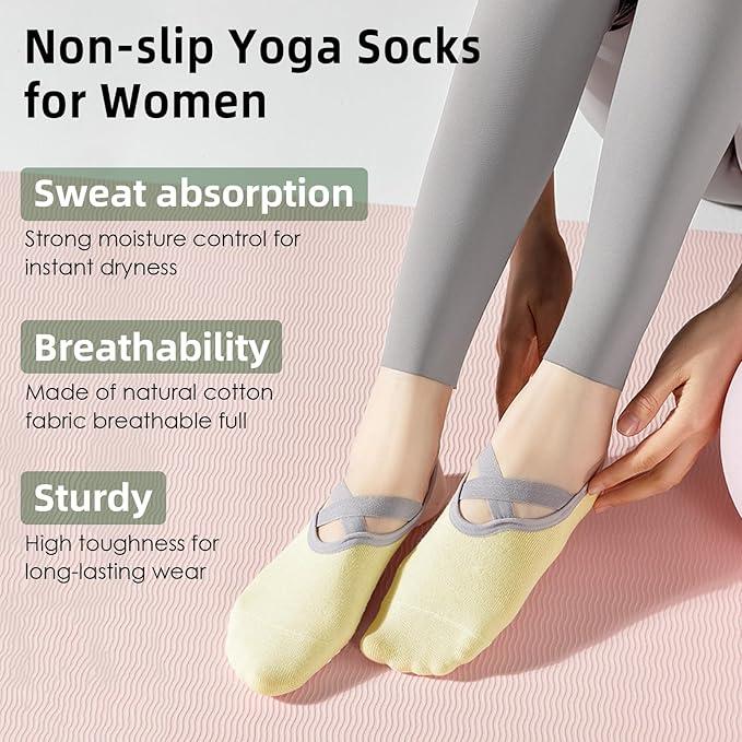 Marsolina Yoga Pilates Grip Socks for Women-Non Slip Grip & Straps for Training, Home, Hospital, Barefoot-Morandi Yellow
