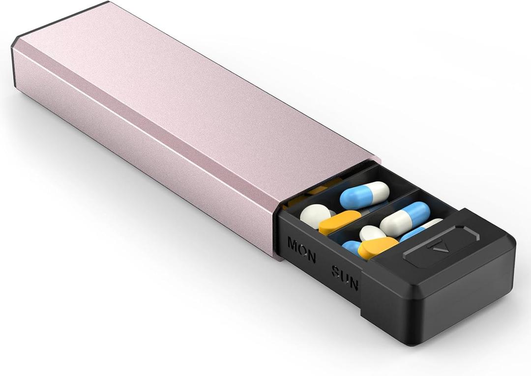 HEIYING Pill Organizer with Aluminum Shell for One Week Capacity, Portable 7 Compartments Pill Box Container to Hold Vitamin, Medicine, Supplements, Pink