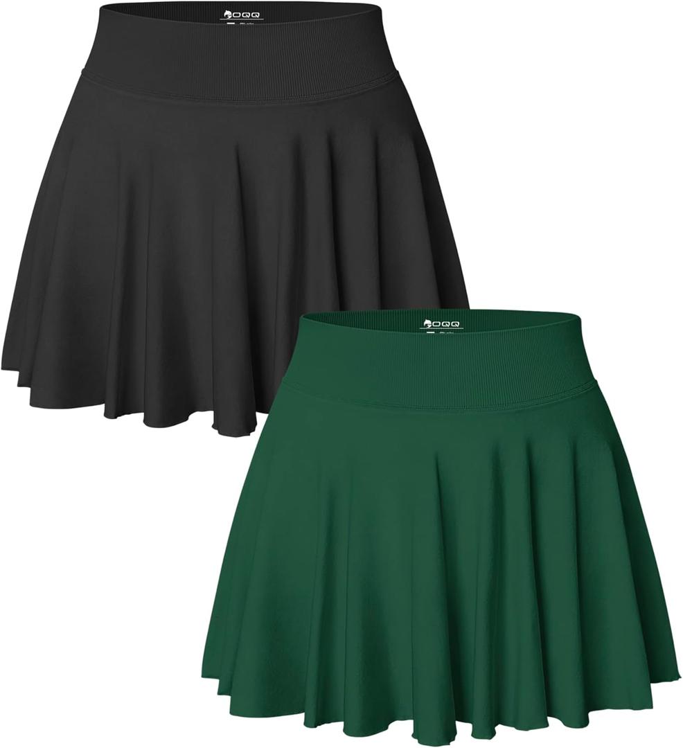 OQQ Women 2 Piece Skirts 2 in 1 Flowy Basic Versatile Stretchy Flared Casual Mini Skirts (XX-Large, Black,darkgreen)