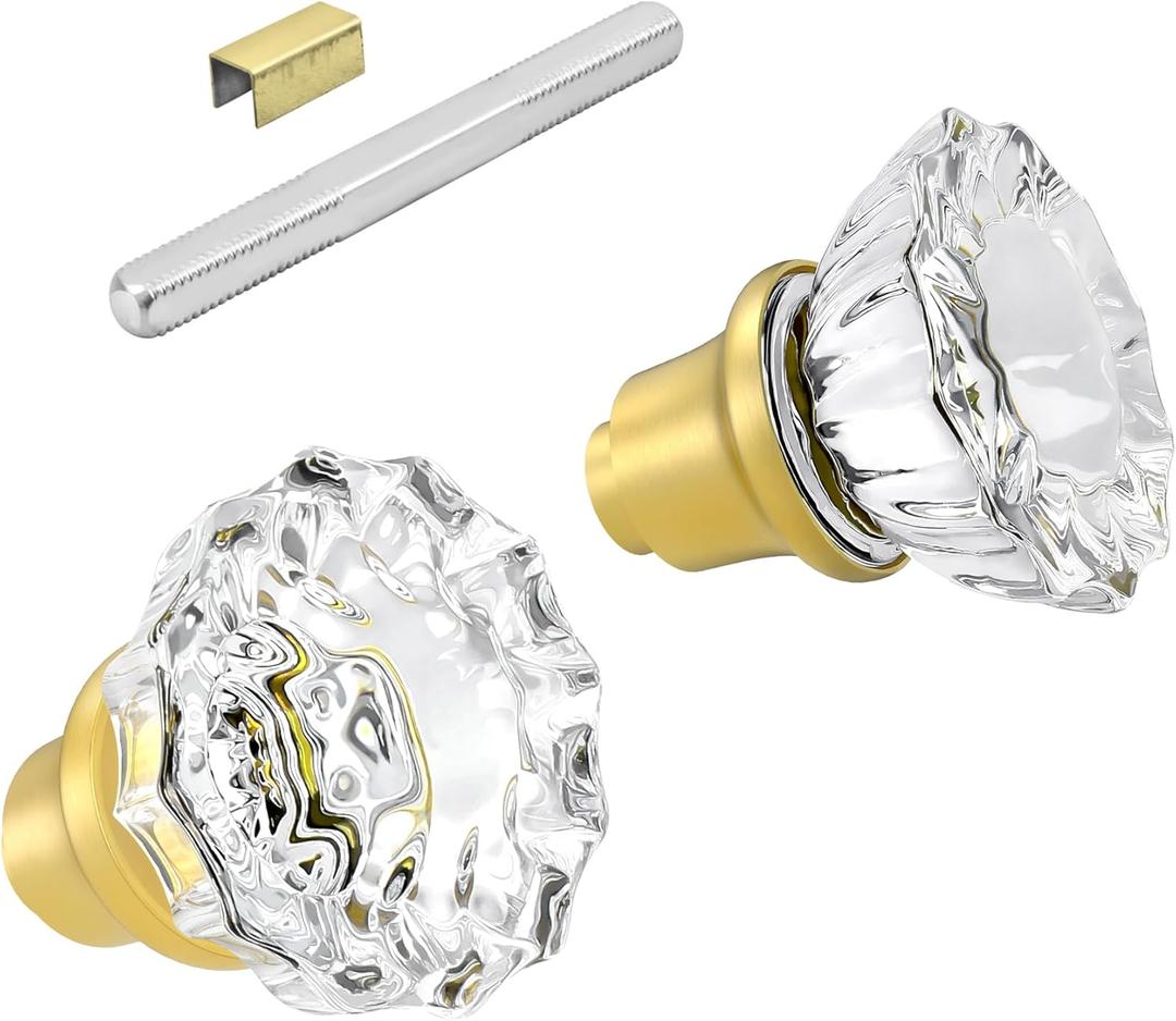 1 Pack Glass Door Knobs Interior Mortise Lock Replacement Set with Spindle, Brushed Gold Crystal Door Knobs for Replacing Broken Old Antique Lock Sets on Interior Door, Satin Brass Finish