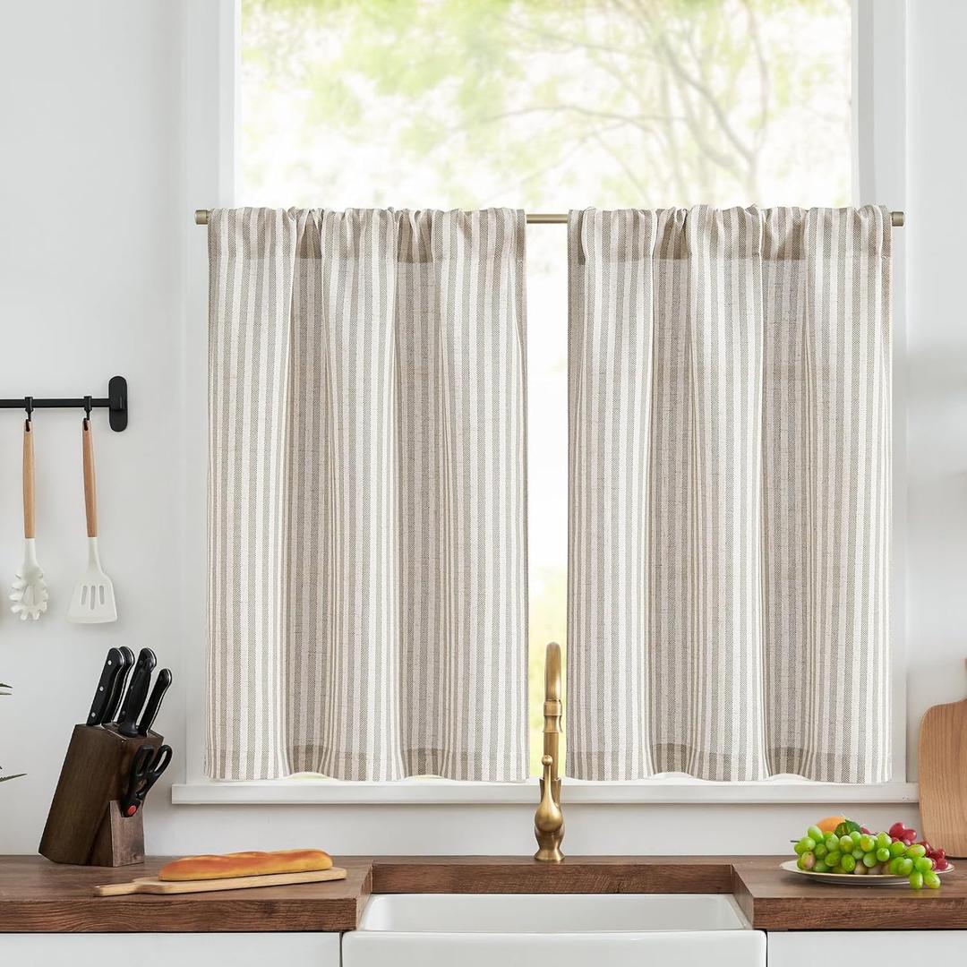 jinchan Striped Linen Kitchen Curtains 30 Inches Tier Curtains Farmhouse Modern Cafe Style Small Window Treatments Airy Light Filtering Rod Pocket for Living Room Bathroom 2 Panels Taupe Grey