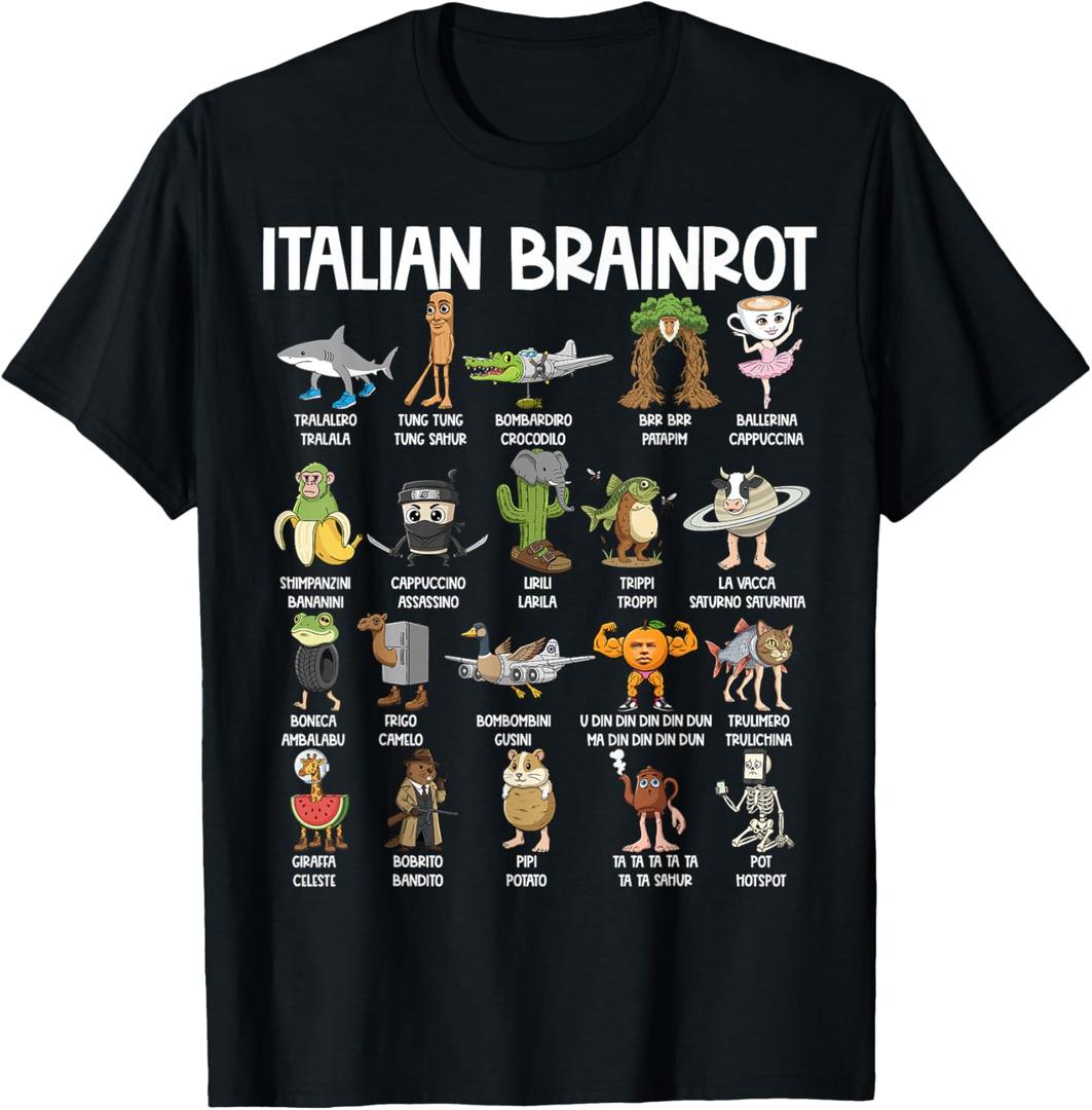 Italian Brainrot Characters Funny Meme Popular Trend T-Shirt, S