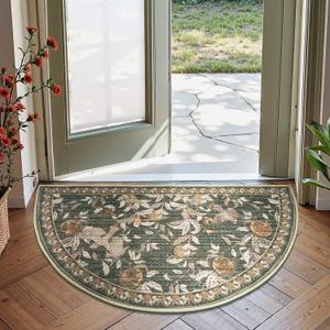 jinchan Floral Area Rug Washable Entryway Rug 2x3 Semicircular Vintage Indoor Doormat Accent Rug Half Circle Lightweight Soft Christmas Small Non-Slip Green Carpet for Kitchen Bedroom Bathroom