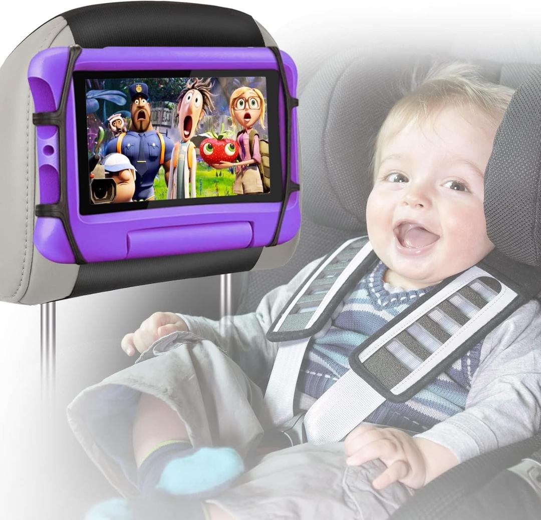 BIGASUO Car Headrest Mount Holder for Kids Tablet Holder for Car Backseat Anti-Slip Strap Holding Net Adjustable Angle Seat Mount Fits All 7 to 12.9 Inch Tablets (1 Pack)