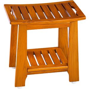 18" Standard Teak Shower Bench with Shelf & Handle - Waterproof, Non-Slip Bath Stool, 300 lbs Capacity - Fits Standard Tubs/Showers & Outdoor Use (Patented)