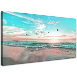 Ocean Beach Sunrise Wall Art,Ephany Art,1 Pieces Canvas Wall Art Sunset View, Landscape Canvas Paintings, Stretched and Framed Ready To Hang (D-1pcs,20x40inchx1pcs)