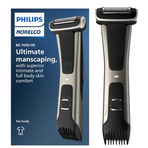 Philips Norelco Bodygroom 7000 Series, Showerproof Groin and Body Trimmer for Men, Precise Body Grooming, Adjustable Comb, Safe Even Below The Belt, 80 Min. Runtime, Model BG7030/49 (Black/Steel)