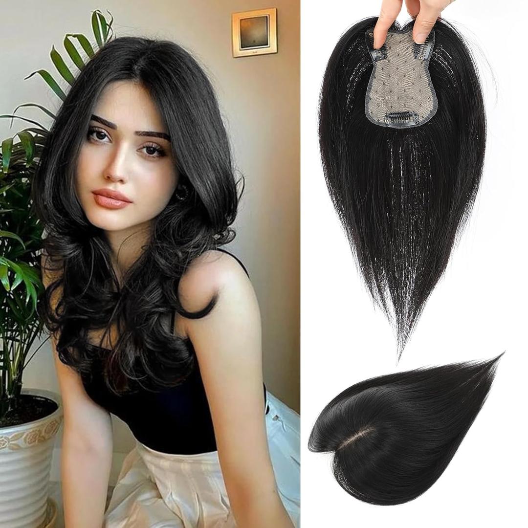 Hair Toppers for Women Real Human Hair, 3603D Bangs Clip Human Toppers for Women with Thinning hair Realistic Scalp Line (Black, 3D Side Bangs (11 * 7)) (1B)