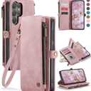 Defencase for Galaxy S26 Ultra Case Wallet with RFID Blocking Card Holder for Women Men, PU Leather Magnetic Snap Flip Wristlet Strap Zipper Wallet Phone Cases for Samsung Galaxy S26 Ultra 6.9", Pink