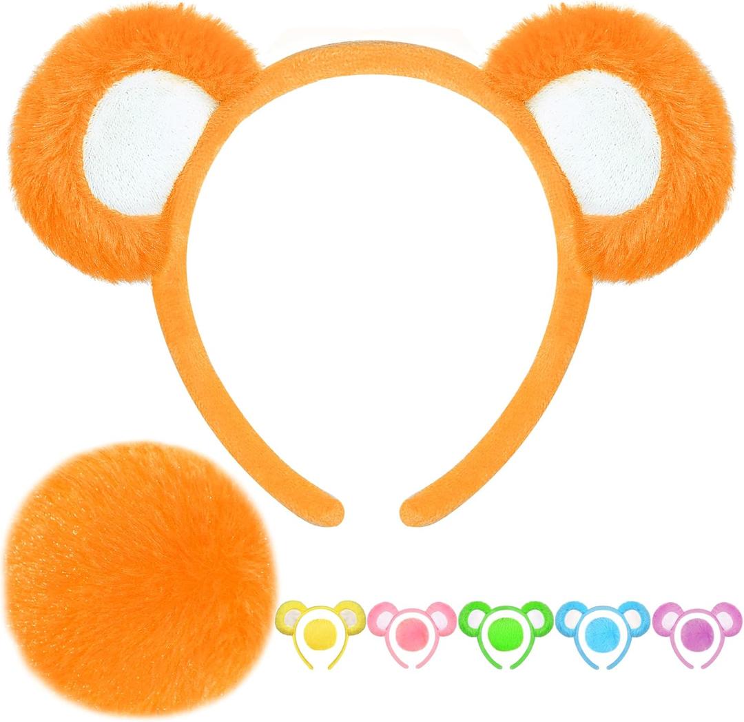 Bear Ears Headband and Tail Set for Adult, Bear Costume Animal Ears Costume with Red Heart Patch Accessory Set (Orange)