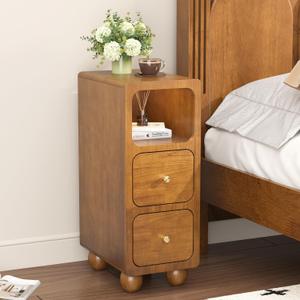Narrow Nightstand with 2 Drawers, 10" Small Solid Wood Night Stand with Open Shelf, Walnut Mid Century Modern Nightstand, Slim Bedside Table for Small Spaces, Bedroom, Study, Office, 9.7*15*25.8 Inch