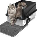Stainless Steel Litter Box,High Sided Enclosed Cat Litter Boxes with Scatter Shield,XLarge Metal Litter Box for Large Cats, Non-Stick & Anti-Leakage, Easy to Clean, Included Scoop, and Mat (Black)