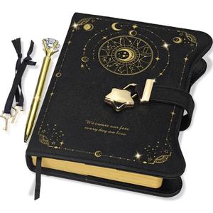 Hoci Poci Diary with Lock and Keys for Girls Gift Ideas, 360 Kraft Pages Journal for Women, B6 Refillable Notebook for Writing with Pen and Bookmark (Astro Black)