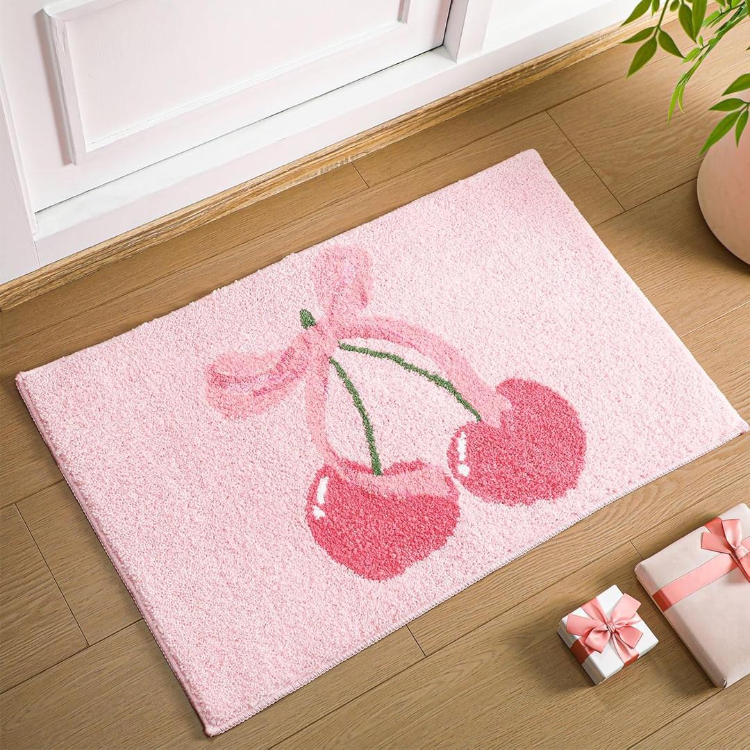 Pink Cherry Bow Bathroom Rugs, Coquette Bow Non-Slip Absorbent Bath Rugs, Pink Cute Fruit Fluffy Shower Mats, Aesthetic Coquette Bathroom Decor for Bathtub Bedroom Living Home, 20x30 Inch