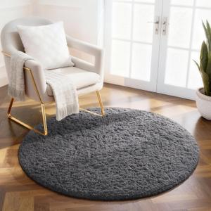 Ophanie Round Rug 2Ft Grey Circle Area Rug, Fluffy Fuzzy Bedroom Carpet, Plush Soft Shaggy Indoor Floor Gray Living Room Rugs for Kids Home Decor Aesthetic, Nursery