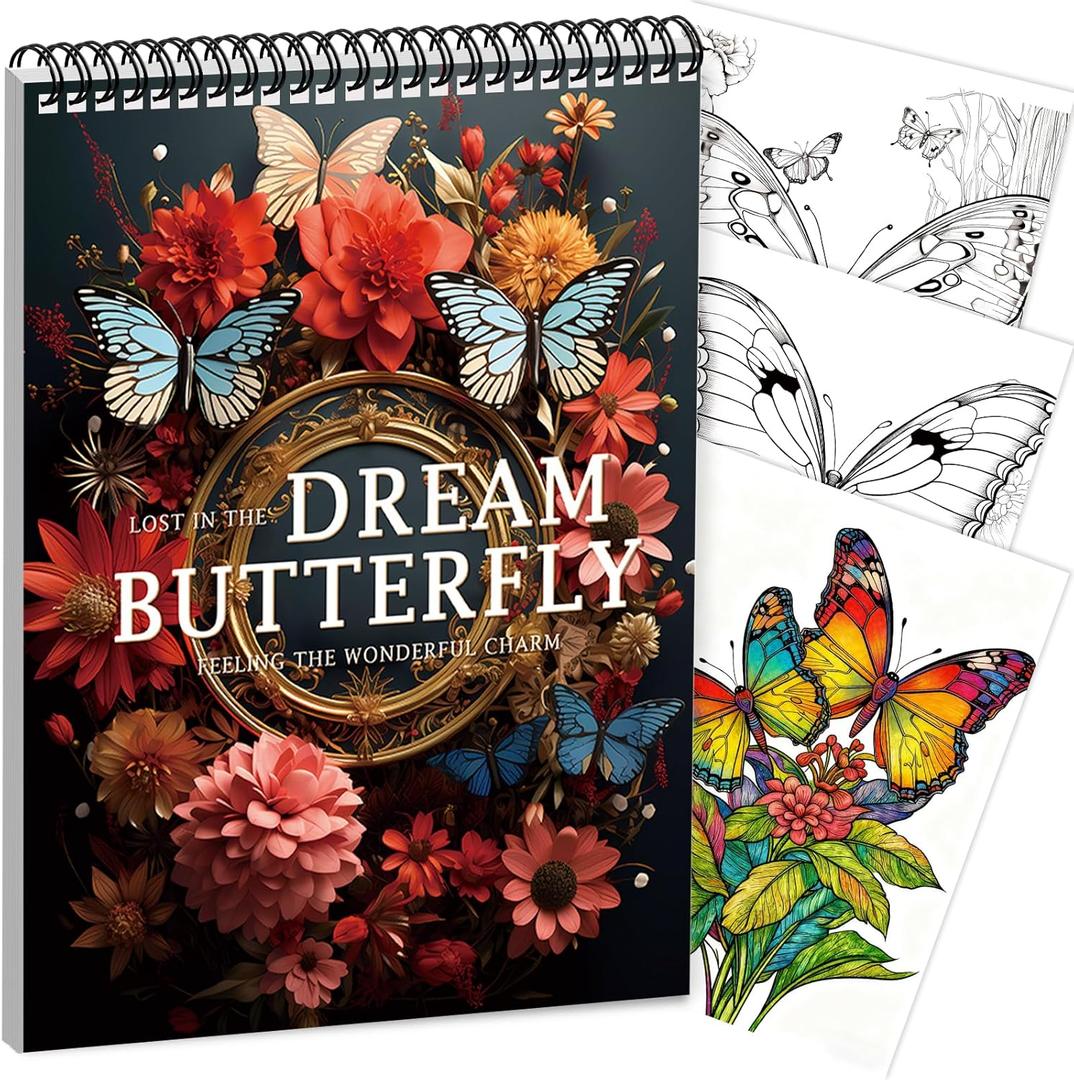 Adult Coloring Book for Women Relaxation, Butterfly Coloring Book for Adult Spiral Bound 30 Pages Thick Paper One Sided Design Coloring Book Mindfulness Gift for Her, Anxiety Relief Gifts Relaxation