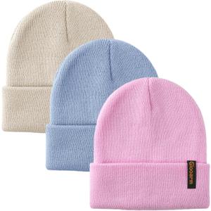 Glooarm 3 Pack Toddler Beanie Kids Beanie Winter Hats Knit Ribbed Boys Girls Beanies Warm Cuffed Caps (Blue)