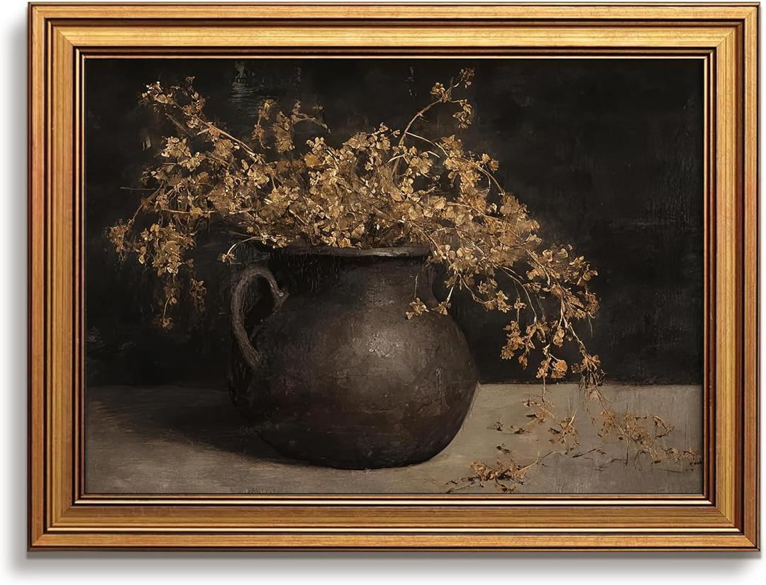 Vintage Gold Framed Dark Academia Wall Art, Rustic Floral Wall Decor
Moody Botanical Canvas Prints, Antique Flower Vase Paintings, Still Life Artwork for Living Room Bedroom 16x24 Inch