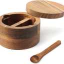 Wood Salt and Pepper Bowl, AcaciaWood Salt Cellar with Built-in Spoon and Magnetic Swivel Lid, Container Holder to Storage Pepper Spice, L