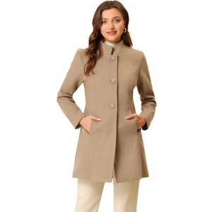 Allegra K Women's Winter Overcoat Mid-Long Stand Collar Single Breasted Coat Outerwear (Brown, Small)