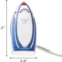 Sunbeam Hot-2-Trot Travel Steam Iron, 800 Watt Dual Voltage 120/240, Compact Size, Portable, Non-Stick Soleplate, Soft Touch Handle, Horizontal or Vertical Use, White and Blue
