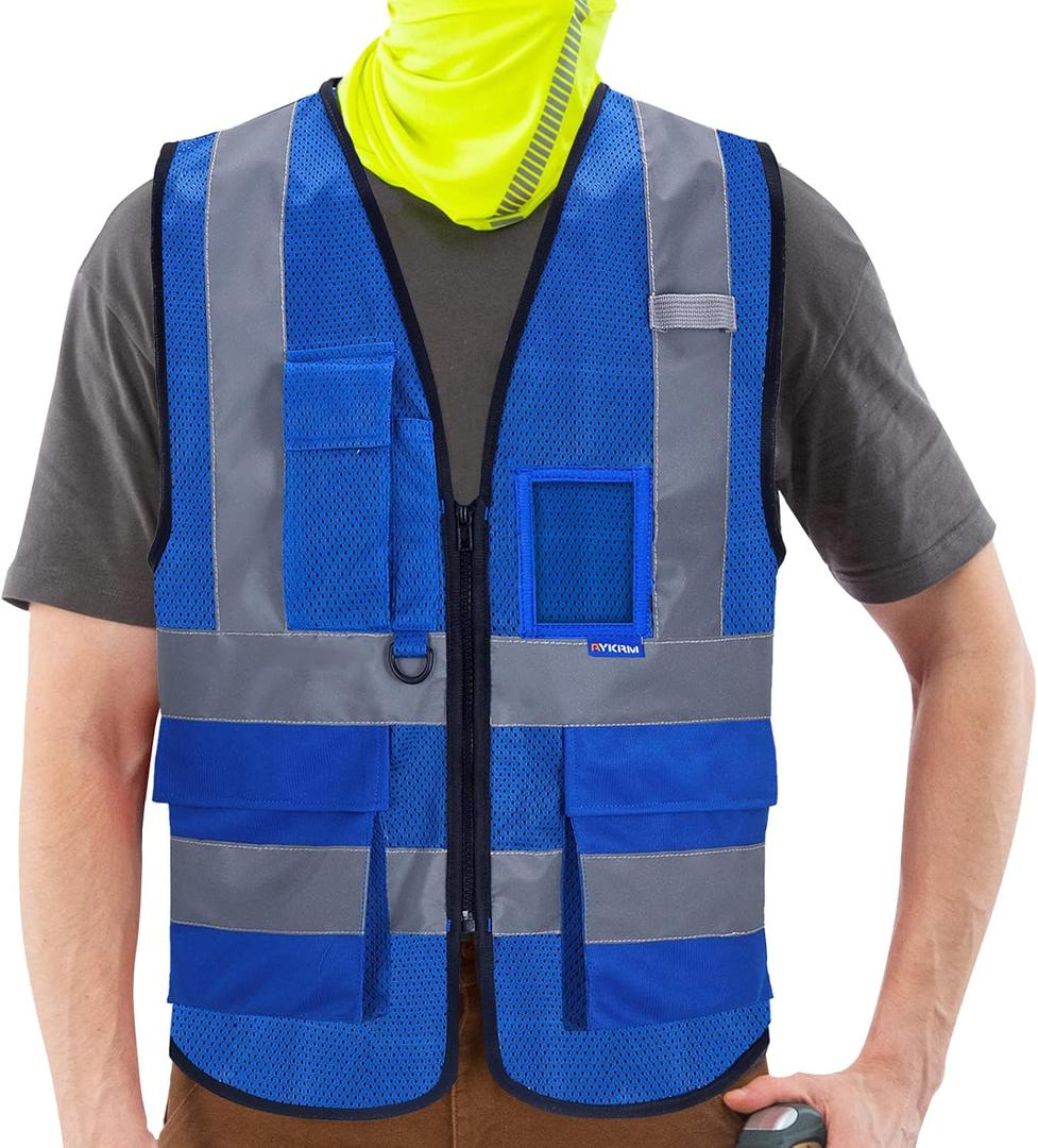 A-SAFETY High Visibility Mesh Safety Reflective Vest with Pockets and Zipper,Hi Viz Work Vest for Men Women (Blue Mesh 6XL-8XL)