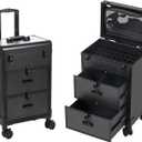 3 in 1 Rolling Makeup Case, Professional Cosmetology Case on Wheels with 2 Drawers, Ideal Gift for Hairstylist, Nail Techs, 3 Tiers Portable Beauty Organizer Case for Travel or Salon Use, Black