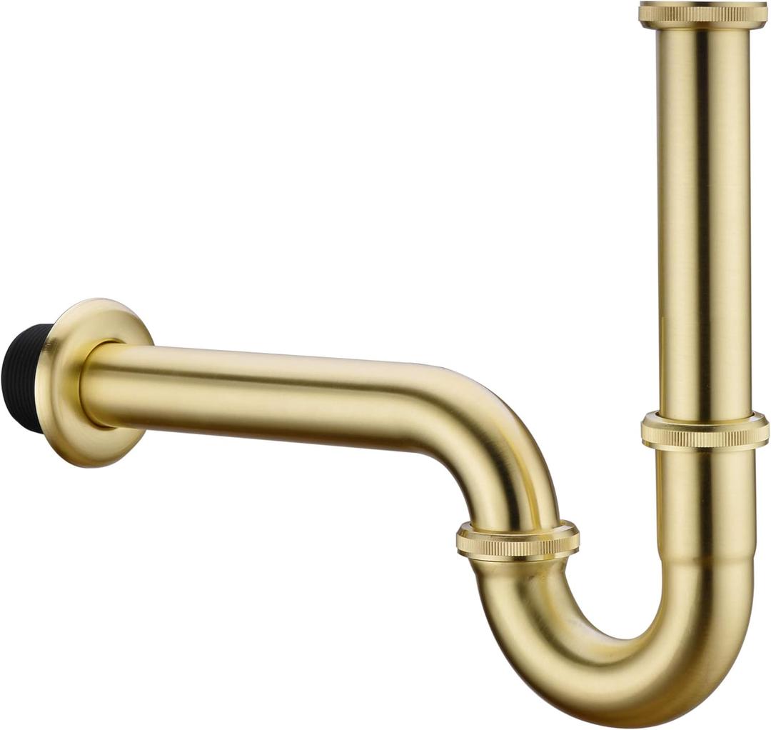 Brass P Trap, 1 1/4 Bathroom Basin Sink Waste Trap Drain Kit with Flange and Slip Joint Extension Tube Drain Tailpiece, Adjustable Height, Brushed Gold Brass Finish