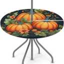 Pumpkin Flower Round Fitted Outdoor Tablecloth with Umbrella Hole and Zipper Waterproof Wrinkle Free Table Cover Elastic Edge Table Cloth for Party Patio and Picnic,36"-44"