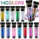 AROIC 14 Colors Body Glitter, Face & Hair Glitter Gel Set for Festival, Eye Shimmer for Women Glow in The Dark Rave Accessories Party Supplies, Face Paint Hair/Cheek/Eyelid Sparkle Makeup(18ml/Tube)