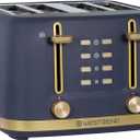 West Bend Timeless 4-Slice Toaster with 7 Browning Levels, Bagel/Waffle/Defrost Settings, High-Lift Lever, Anti-Jam, Easy-Clean Crumb Tray, 4-Slice, Blue/Gold