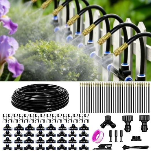 100 Ft Drip Irrigation System for Garden - Drip Irrigation Kit with 32 360°Adjustable Copper Nozzles Hose, Automatic Atomizing Plant Watering Sprinkler System for Yard, Lawn, Greenhouse, Potted